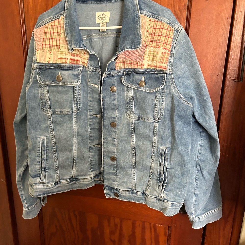 St. John's Bay Light Blue Denim Jacket with Red Plaid Accents